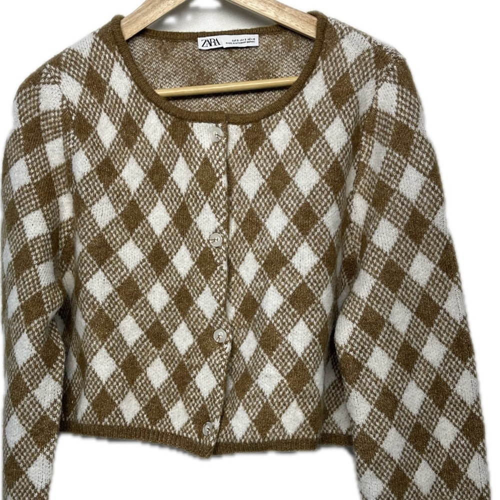 Zara Brown and white checkered vintage-inspired cropped oversized cardigan Small